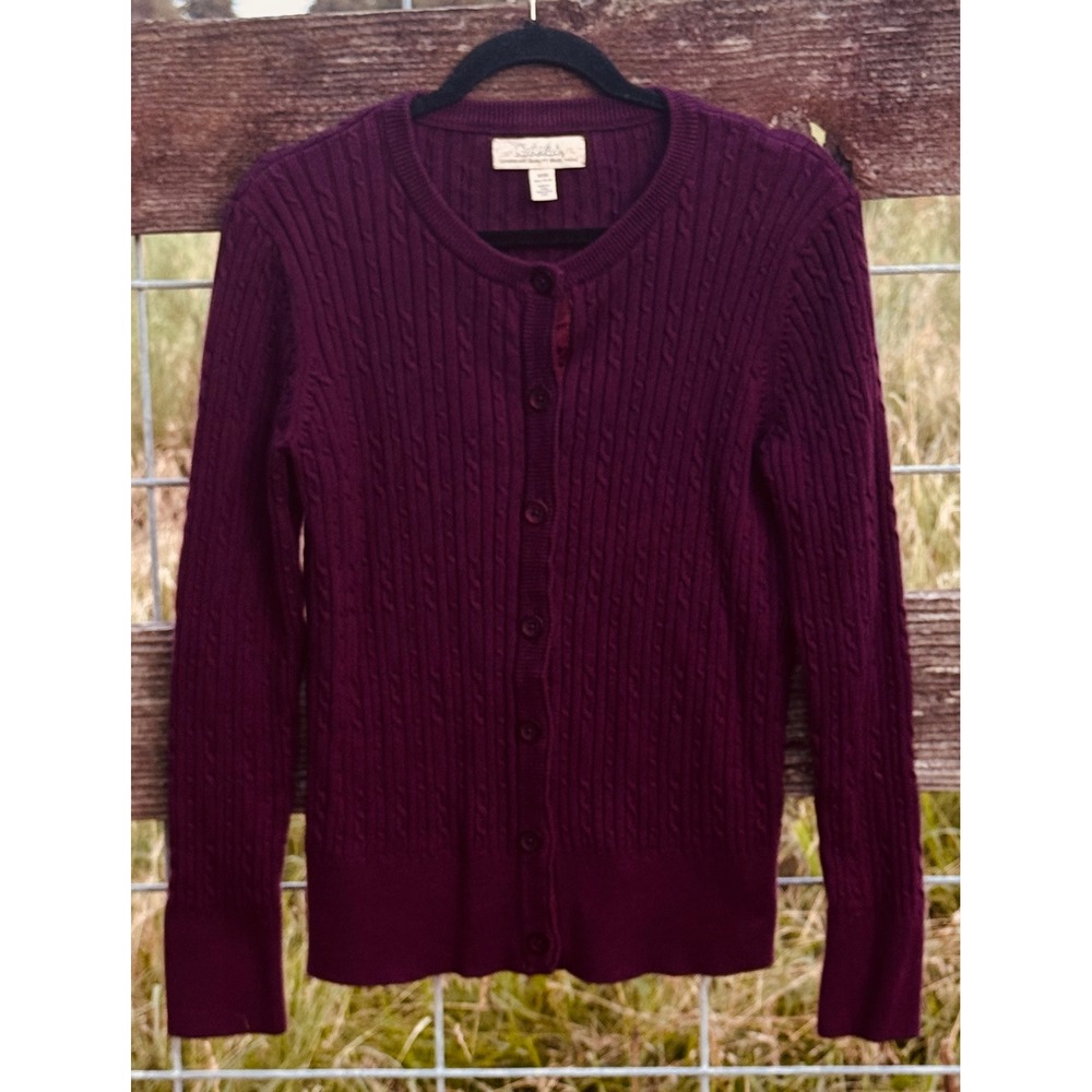 Cabelas Womens Burgundy Cable Knit Cotton Button Front Cardigan Sweater Medium